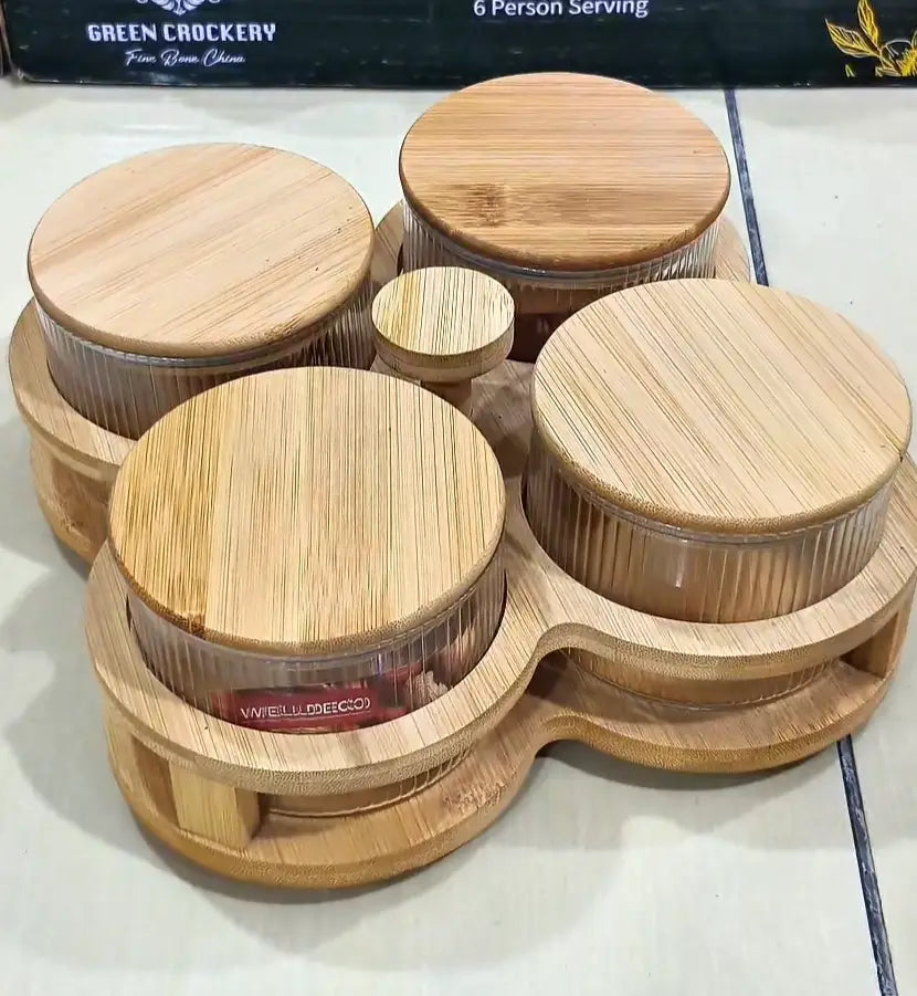 Acrylic Wooden Dry Fruit Jar Set 5 Pcs with Stand
