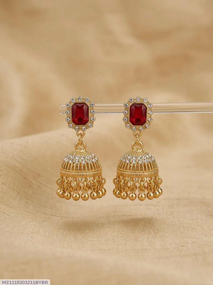 Gold Plated Crystal Jhumka Earrings for Women 2 Pcs