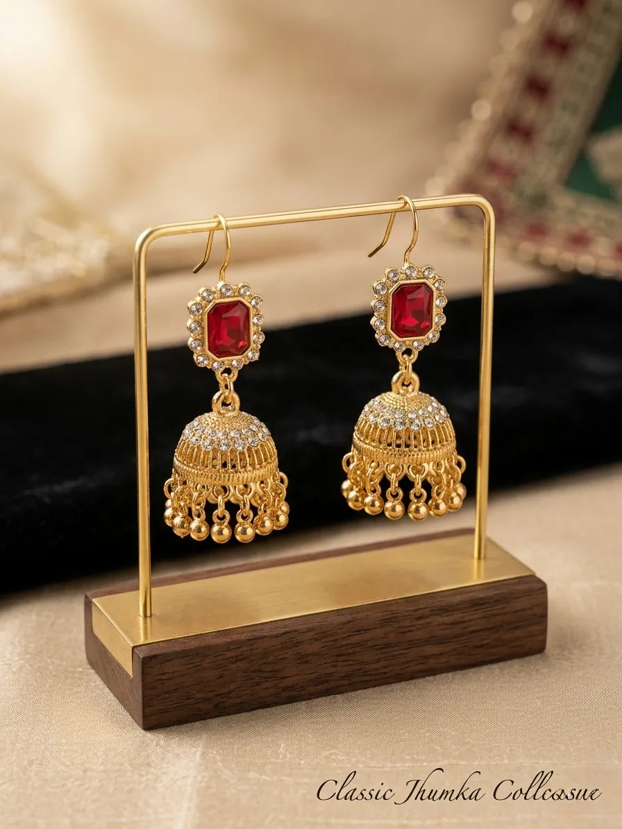 Gold Plated Crystal Jhumka Earrings for Women 2 Pcs