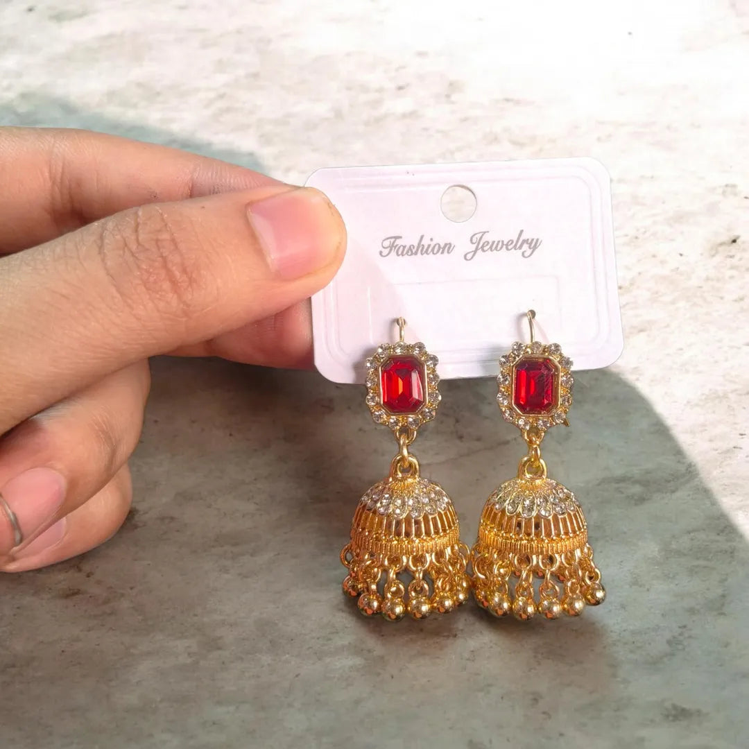 Gold Plated Crystal Jhumka Earrings for Women 2 Pcs