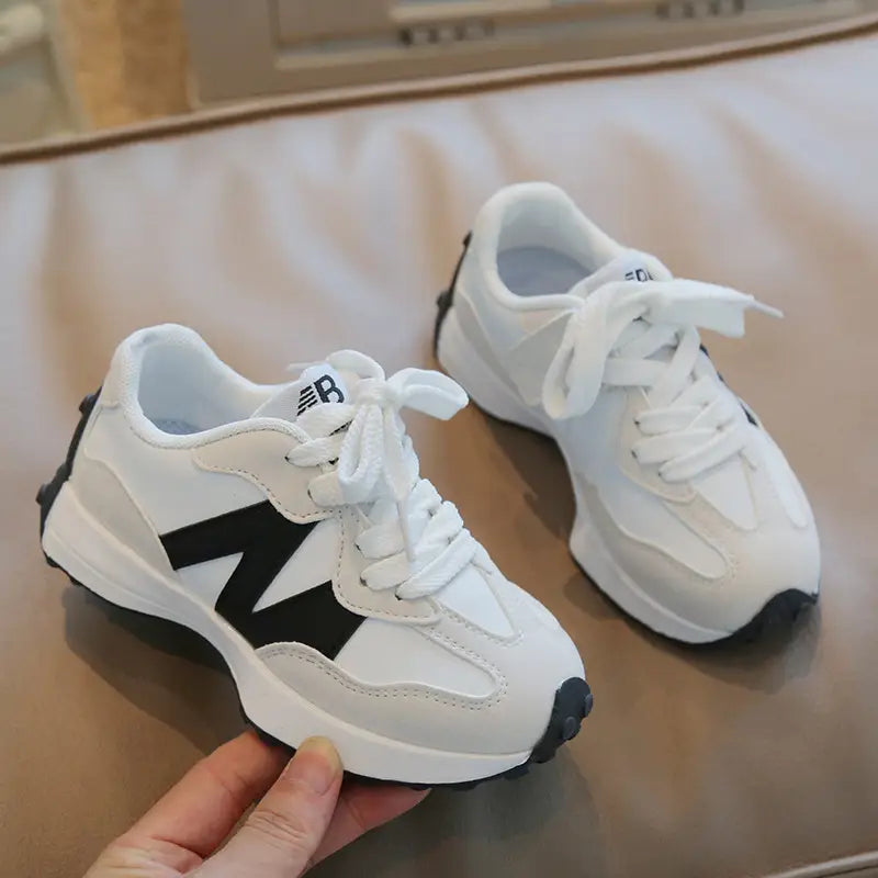 Kids White Korean Lace-Up Sports Shoes for Girls