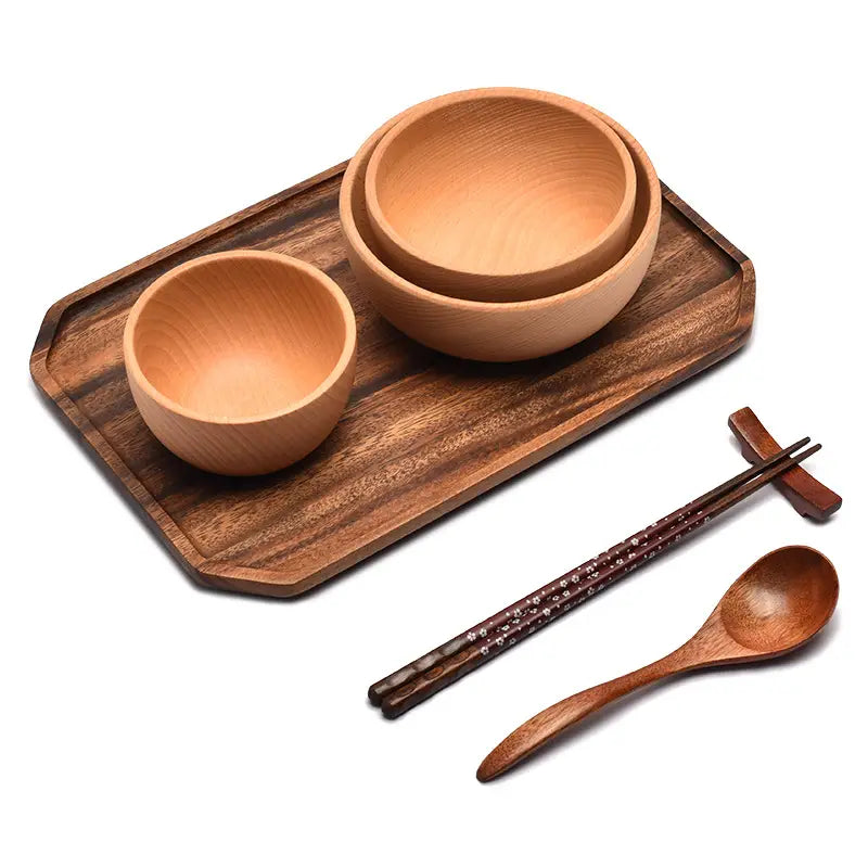 Japanese Wooden Bowls Set for Kids & Adults