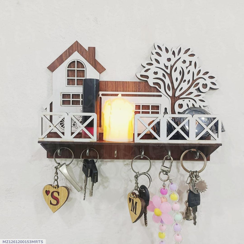 Tree & House Key & Phone Wall Holder Dark Wood