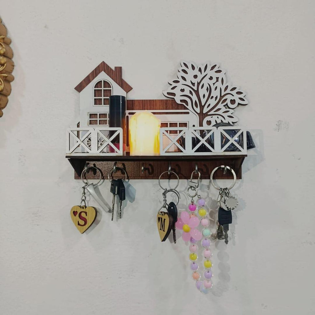 Tree & House Key & Phone Wall Holder Dark Wood