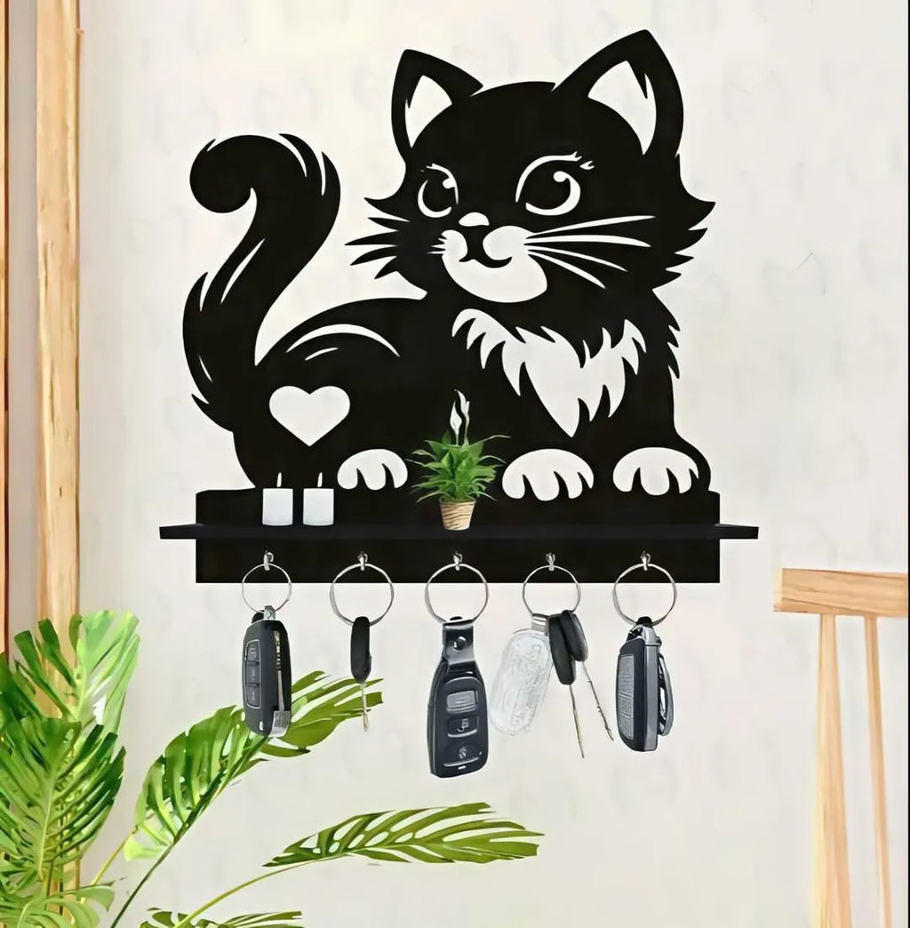 Black Cat Key Holder with Heart Design, 8x8" MDF Decorative Home Accessory