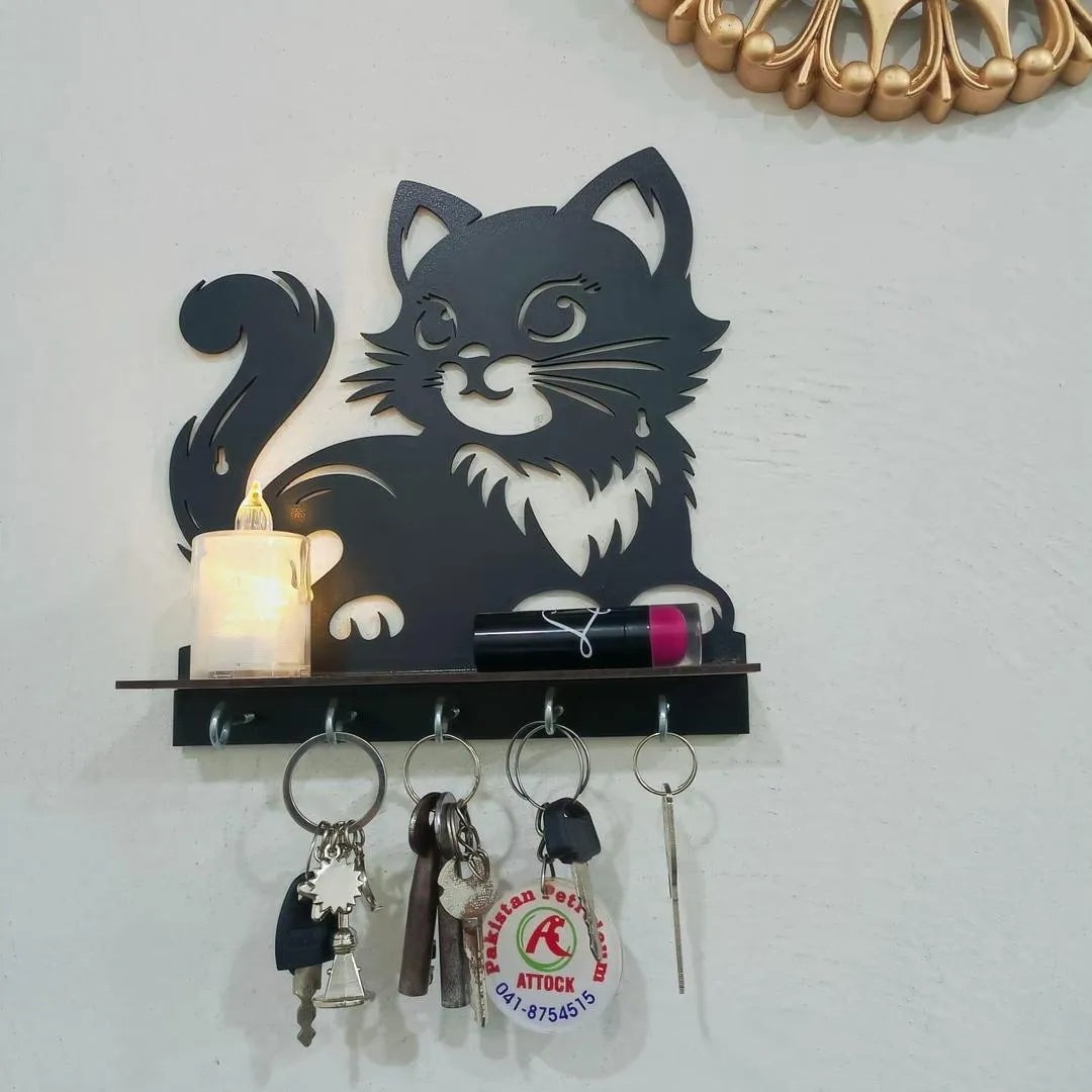 Black Cat Key Holder with Heart Design, 8x8" MDF Decorative Home Accessory