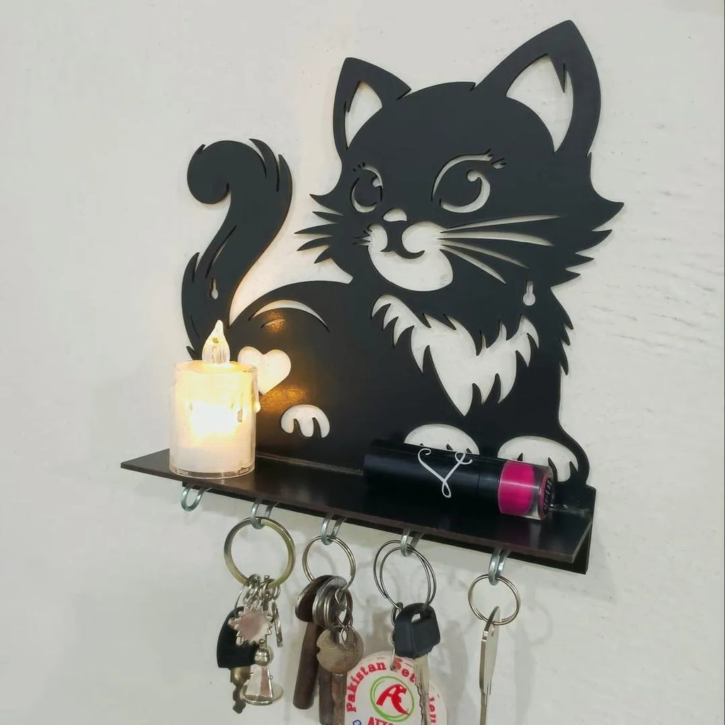 Black Cat Key Holder with Heart Design, 8x8" MDF Decorative Home Accessory