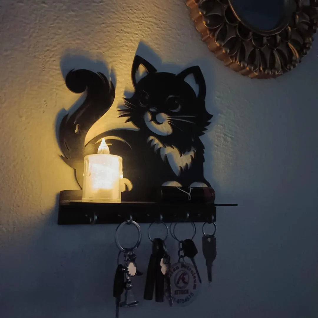 Black Cat Key Holder with Heart Design, 8x8" MDF Decorative Home Accessory