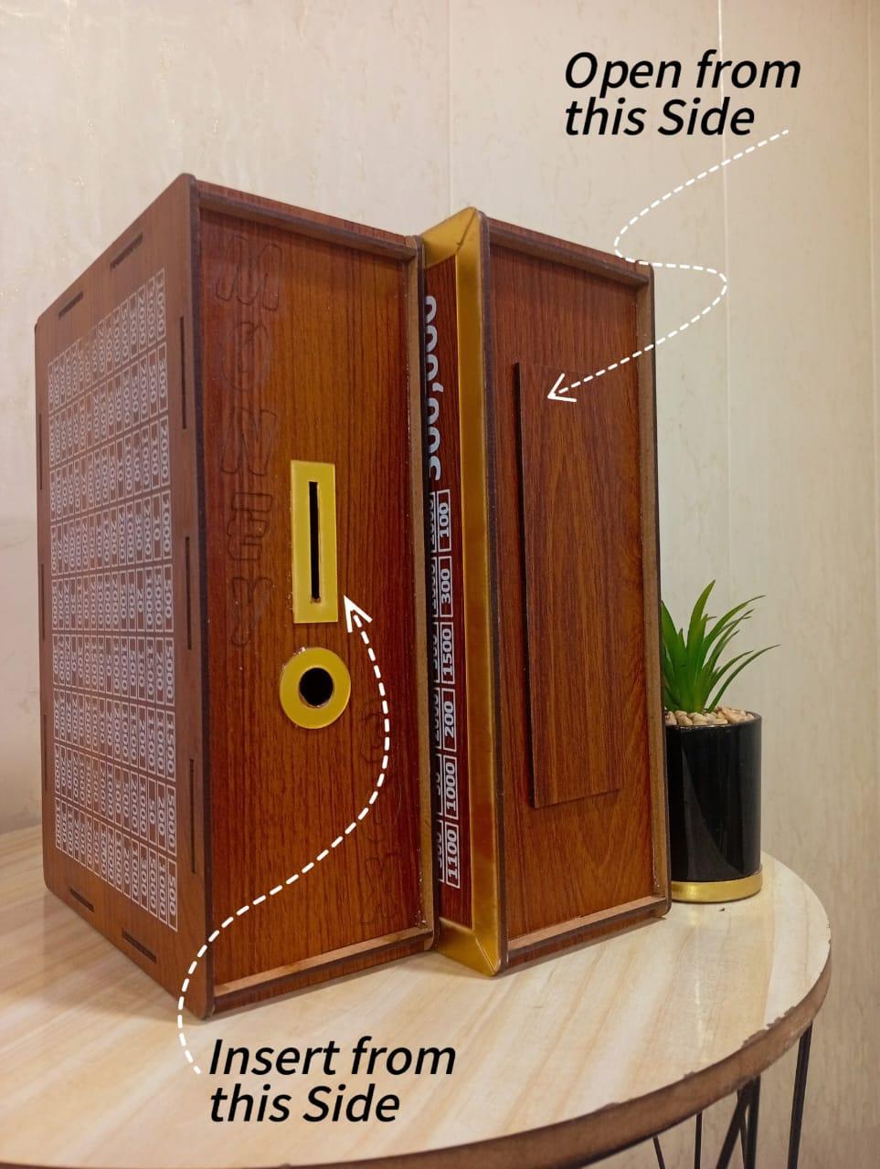 Golden Wooden Money Box with Saving Chart for Home Office