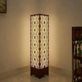 Wooden Floor Lamp with Geometric Cutouts Dark Brown Golden Glow
