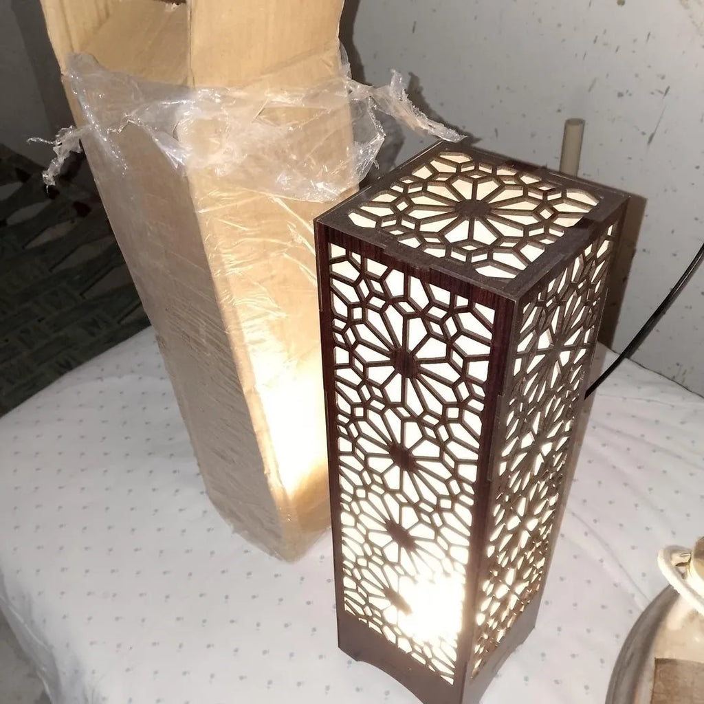 Wooden Floor Lamp with Geometric Cutouts Dark Brown Golden Glow