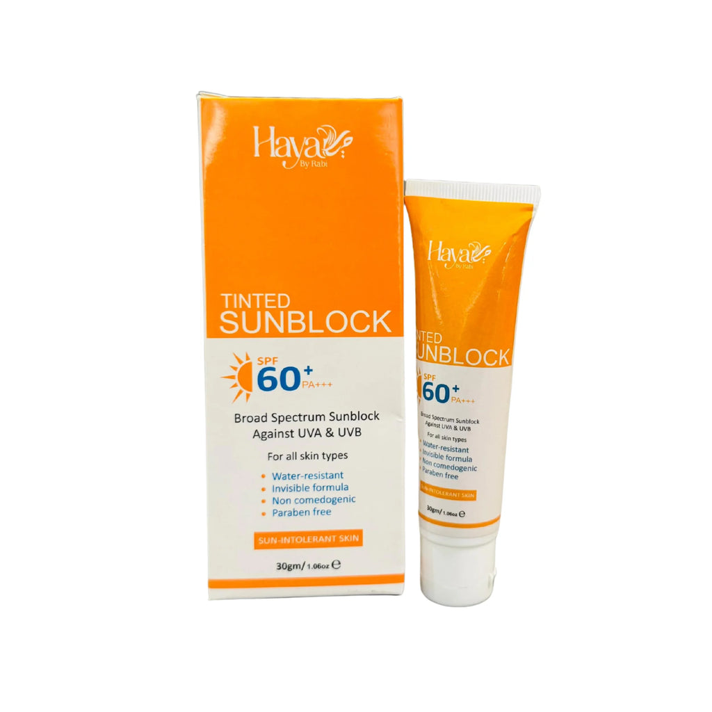 حیا ٹنٹڈ سن بلاک SPF 60+ | قدرتی ٹنٹ | براڈ اسپیکٹرم UV تحفظ | ہلکا اور نان-گریسی