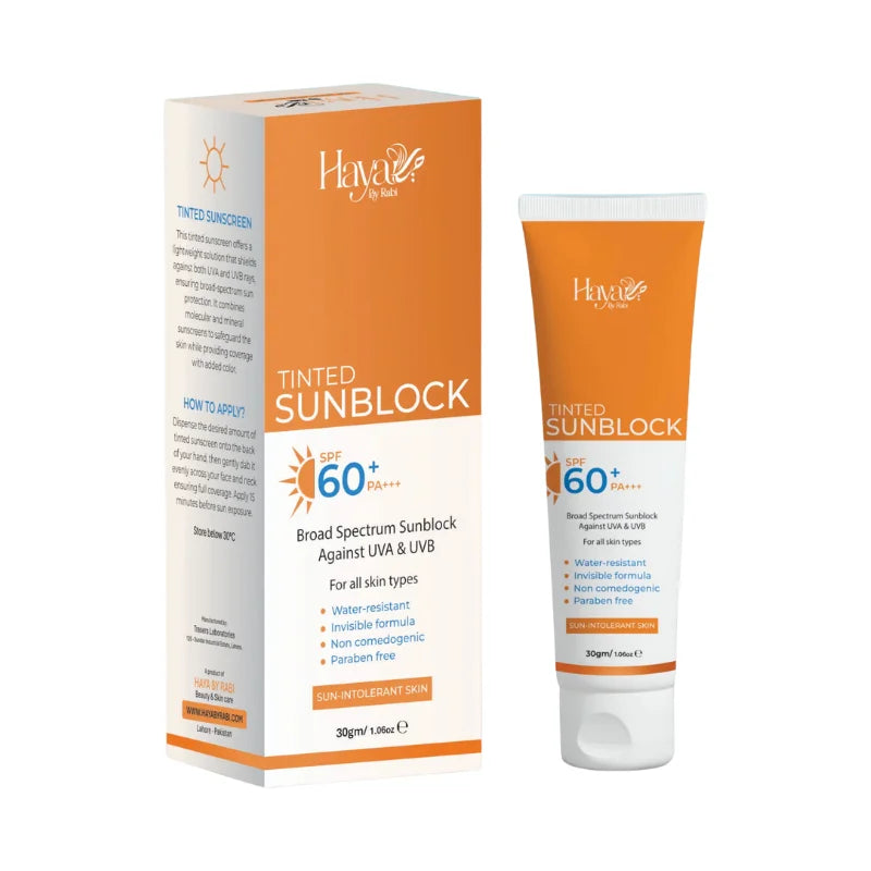 حیا ٹنٹڈ سن بلاک SPF 60+ | قدرتی ٹنٹ | براڈ اسپیکٹرم UV تحفظ | ہلکا اور نان-گریسی