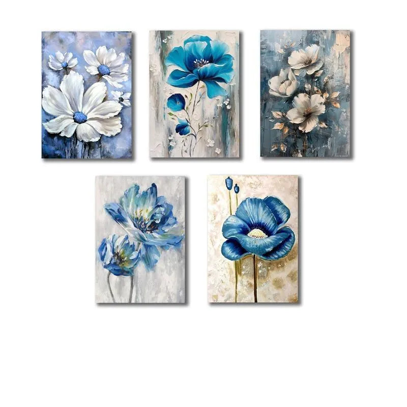 5-Piece Blue Floral Wall Art Set for Home Decor