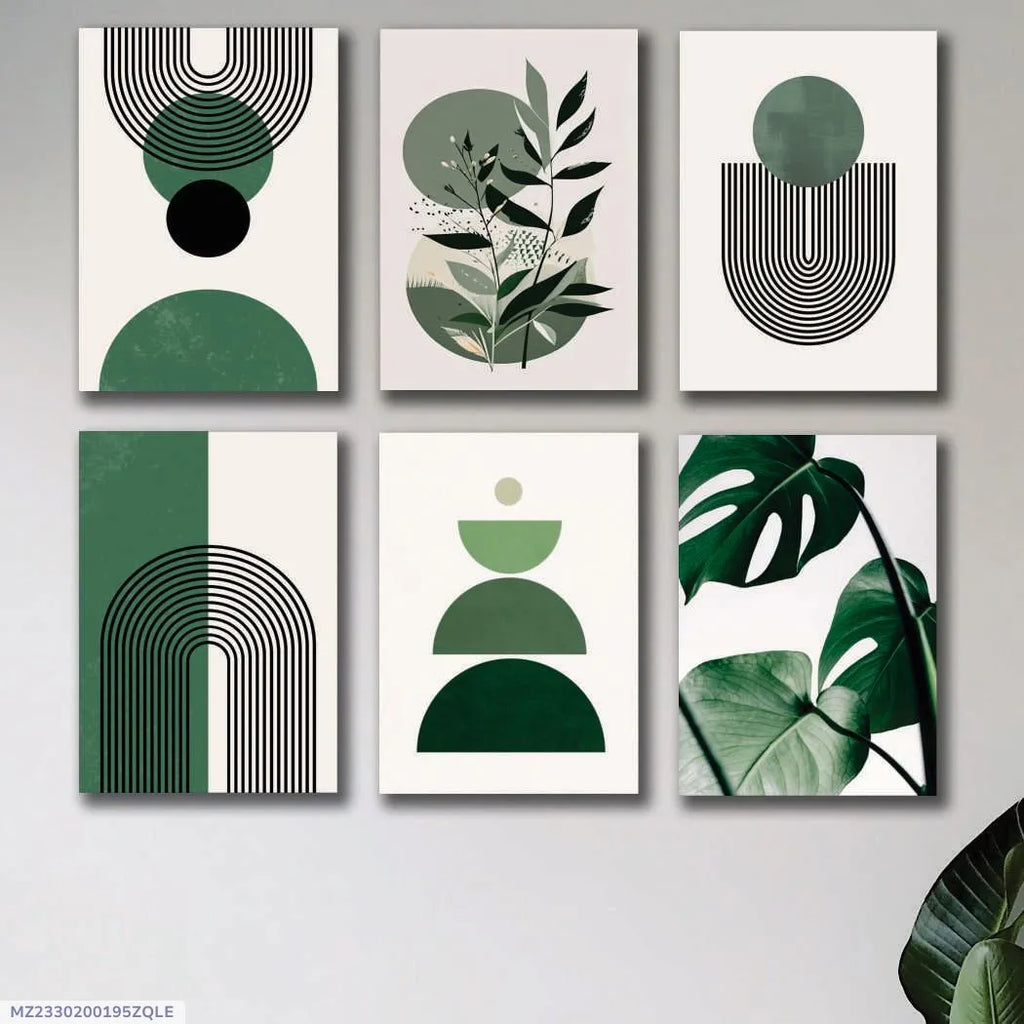 Abstract Green Leaf Wall Art Set 6Pcs 8x11 Inch
