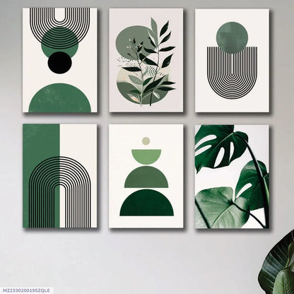 Abstract Green Leaf Wall Art Set 6Pcs 8x11 Inch