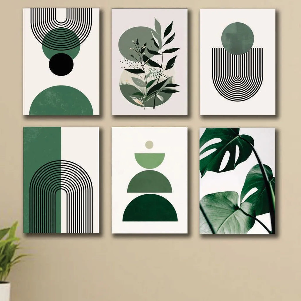 Abstract Green Leaf Wall Art Set 6Pcs 8x11 Inch