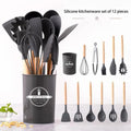 High Quality 12 Pcs Silicone Kitchen Utensil Set with Wooden Handles | Heat Resistant BPA Free Non-Stick Cooking Tools | Spatula, Turner, Spoon, Tongs, Whisk & Brush