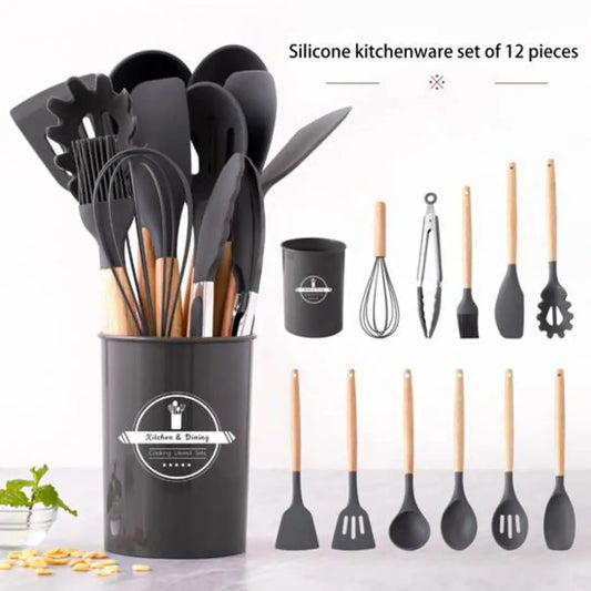 High Quality 12 Pcs Silicone Kitchen Utensil Set with Wooden Handles | Heat Resistant BPA Free Non-Stick Cooking Tools | Spatula, Turner, Spoon, Tongs, Whisk & Brush