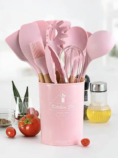 High Quality 12 Pcs Silicone Kitchen Utensil Set with Wooden Handles | Heat Resistant BPA Free Non-Stick Cooking Tools | Spatula, Turner, Spoon, Tongs, Whisk & Brush
