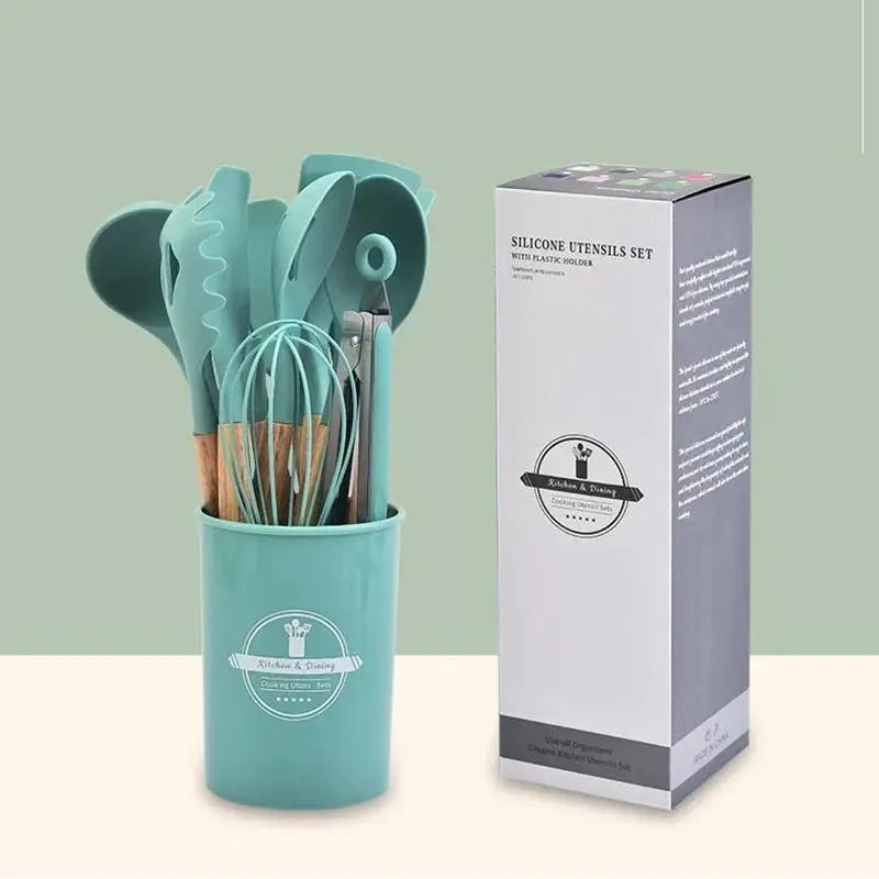 High Quality 12 Pcs Silicone Kitchen Utensil Set with Wooden Handles | Heat Resistant BPA Free Non-Stick Cooking Tools | Spatula, Turner, Spoon, Tongs, Whisk & Brush
