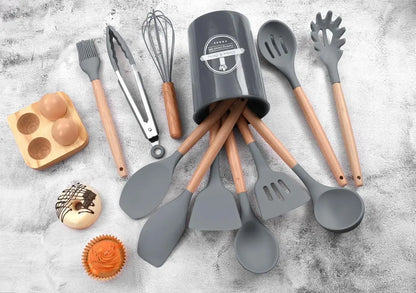 High Quality 12 Pcs Silicone Kitchen Utensil Set with Wooden Handles | Heat Resistant BPA Free Non-Stick Cooking Tools | Spatula, Turner, Spoon, Tongs, Whisk & Brush