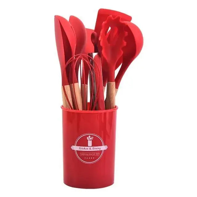 High Quality 12 Pcs Silicone Kitchen Utensil Set with Wooden Handles | Heat Resistant BPA Free Non-Stick Cooking Tools | Spatula, Turner, Spoon, Tongs, Whisk & Brush