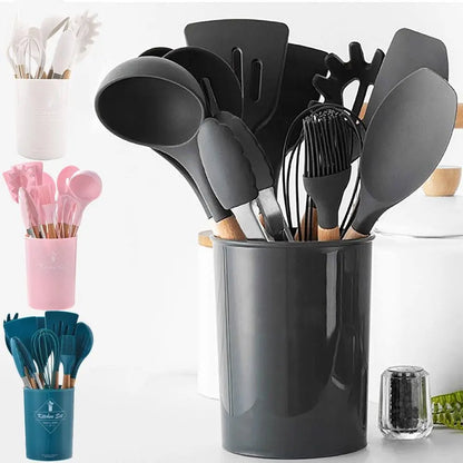 High Quality 12 Pcs Silicone Kitchen Utensil Set with Wooden Handles | Heat Resistant BPA Free Non-Stick Cooking Tools | Spatula, Turner, Spoon, Tongs, Whisk & Brush