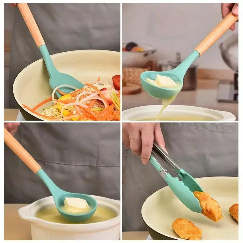 High Quality 12 Pcs Silicone Kitchen Utensil Set with Wooden Handles | Heat Resistant BPA Free Non-Stick Cooking Tools | Spatula, Turner, Spoon, Tongs, Whisk & Brush
