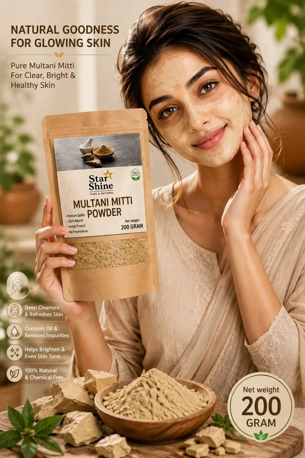 100% Organic Fuller's Earth Clay for Deep Cleansing, Oil Control & Acne-Prone Skin All Skin Types Face Powder 300 1