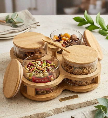 Acrylic Wooden Dry Fruit Jar Set 5 Pcs with Stand