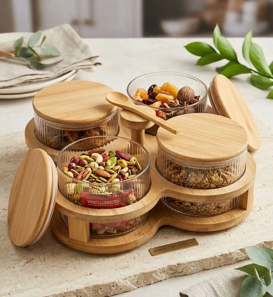 Acrylic Wooden Dry Fruit Jar Set 5 Pcs with Stand
