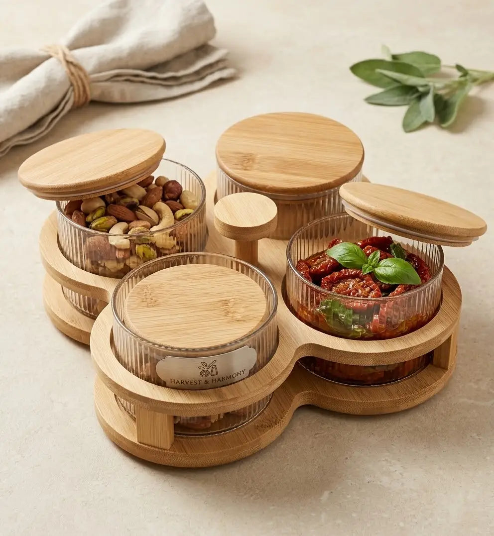 Acrylic Wooden Dry Fruit Jar Set 5 Pcs with Stand
