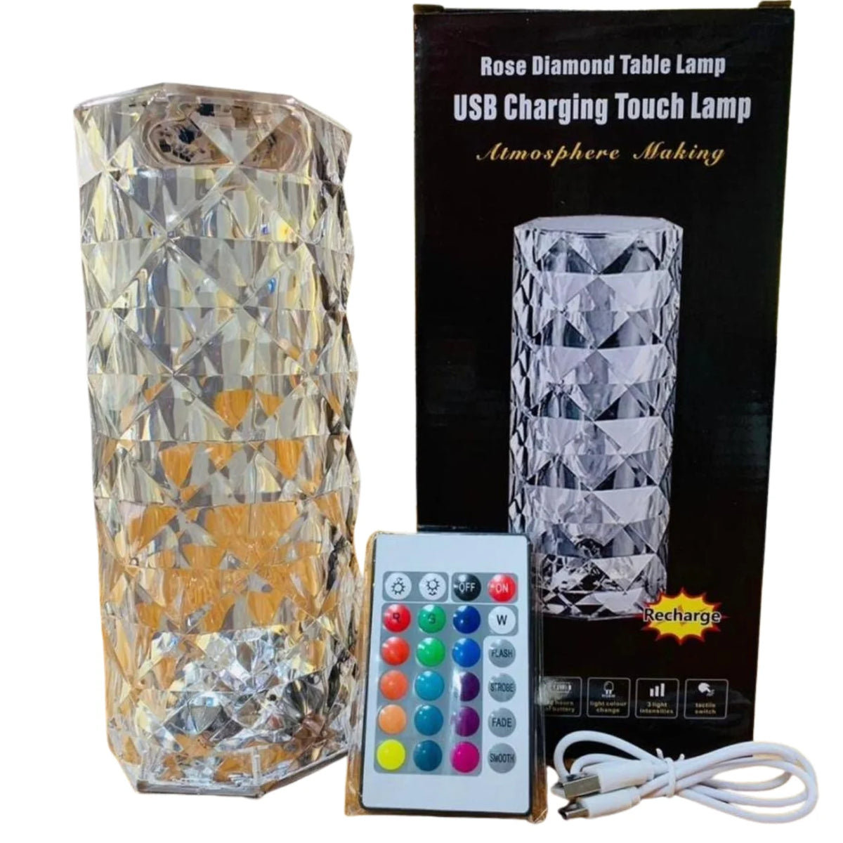 16 رنگوں والا ڈائمنڈ روز کرسٹل ٹچ لیمپ | ریموٹ کے ساتھ USB ری چارج ایبل بیڈ سائیڈ لیمپ