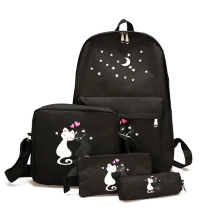 4-Piece Nylon Backpack Set with Cat Moon Design