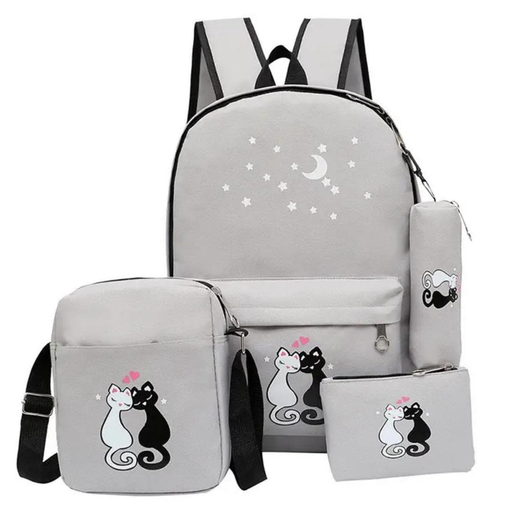 4-Piece Nylon Backpack Set with Cat Moon Design