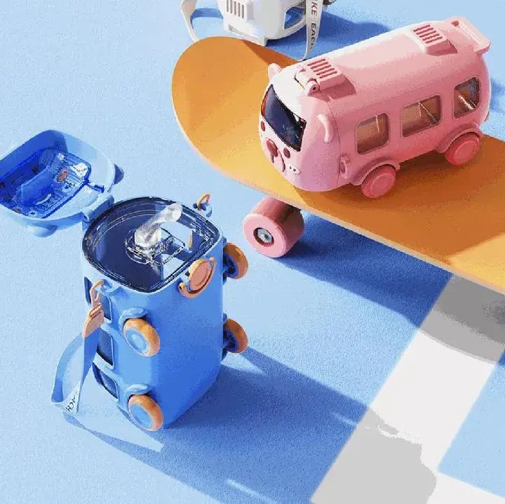 Cute Bus Shape Water Bottle with Straw & Carry Strap