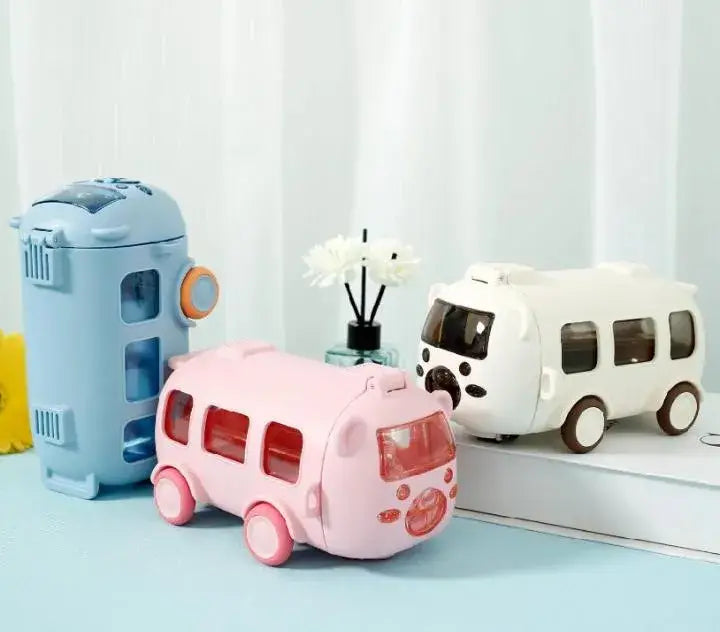 Cute Bus Shape Water Bottle with Straw & Carry Strap