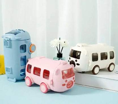 Cute Bus Shape Water Bottle with Straw & Carry Strap