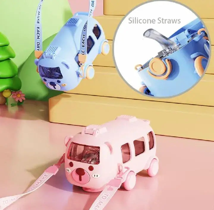 Cute Bus Shape Water Bottle with Straw & Carry Strap