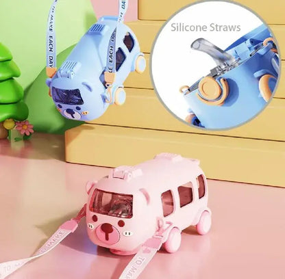 Cute Bus Shape Water Bottle with Straw & Carry Strap