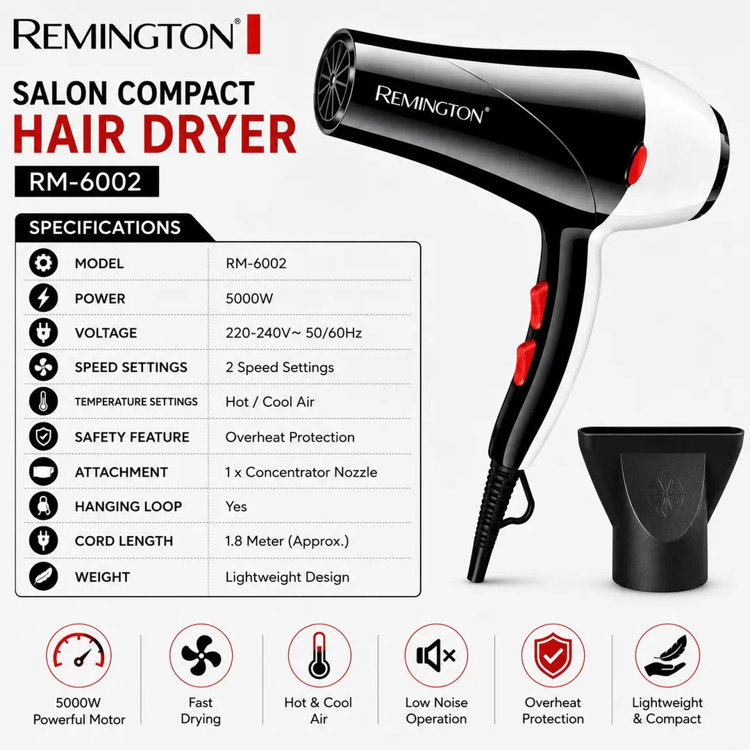 ریمٹن ہیئر ڈرائر RM-6002 | 5000 واٹ طاقتور ہیئر ڈرائر، گرم اور ٹھنڈی ہوا کے ساتھ | 2 اسپیڈ سیٹنگز | کمپیکٹ سیلون ہیئر اسٹائلنگ ڈرائر