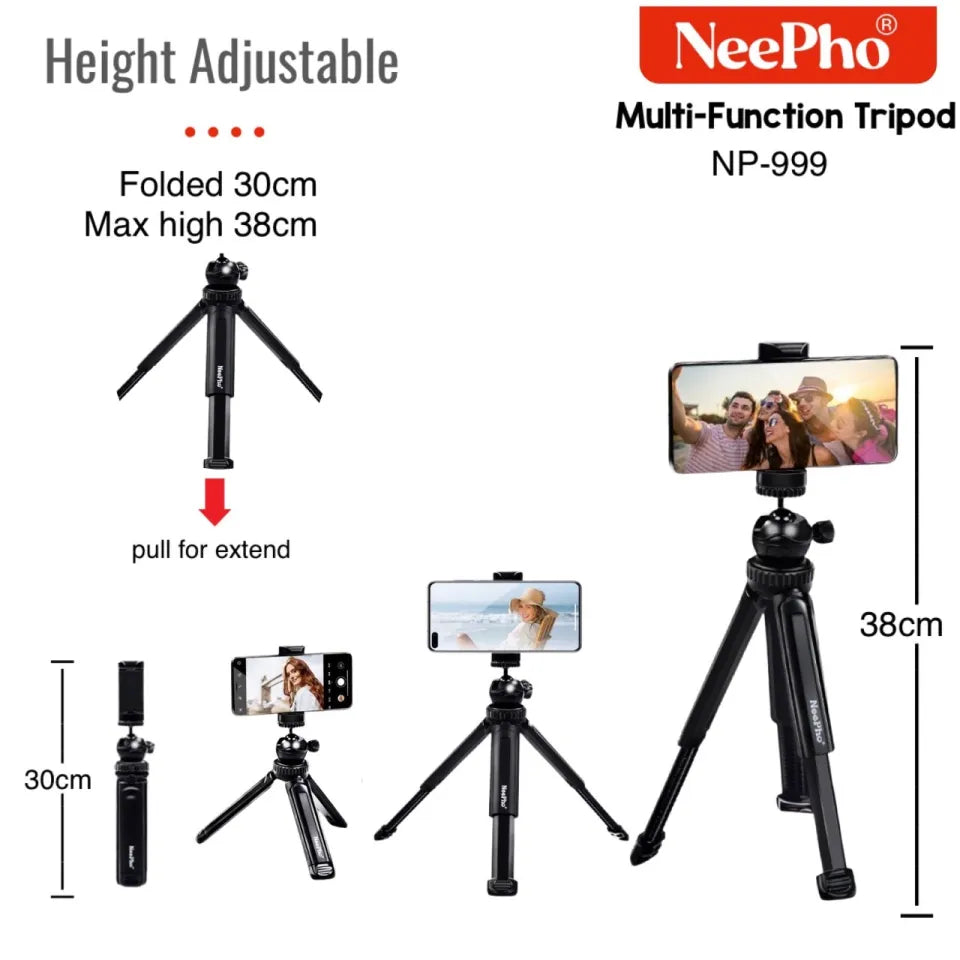 Nepho NP-999 2-in-1 ٹرائی پاڈ اور ایکسٹینڈ ایبل سیلفی اسٹک | ایڈجسٹ ایبل ہائٹ، یونیورسل اسمارٹ فون اور کیمرا ماؤنٹ | پورٹیبل فوٹوگرافی اسٹینڈ