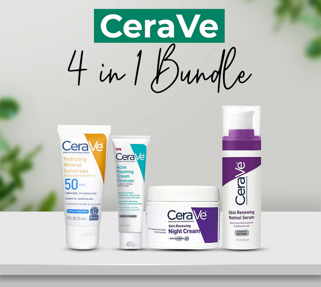 CeraVe 4-in-1 سکن کیئر کٹ | کلینزر، سیرم، سن بلاک اور نائٹ کریم | ماہر امراض جلد سے منظور شدہ روٹین