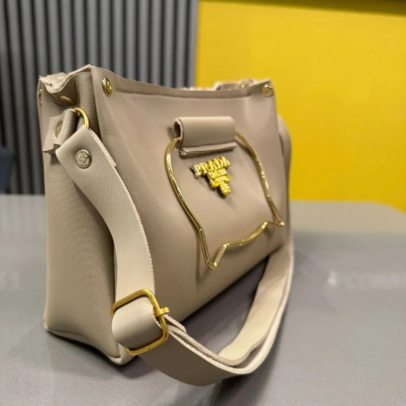 Beige Elegant Cat Handle Handbag for Girls & Ladies | Stylish Shoulder & Crossbody Bag with Gold Accents | Adjustable Strap