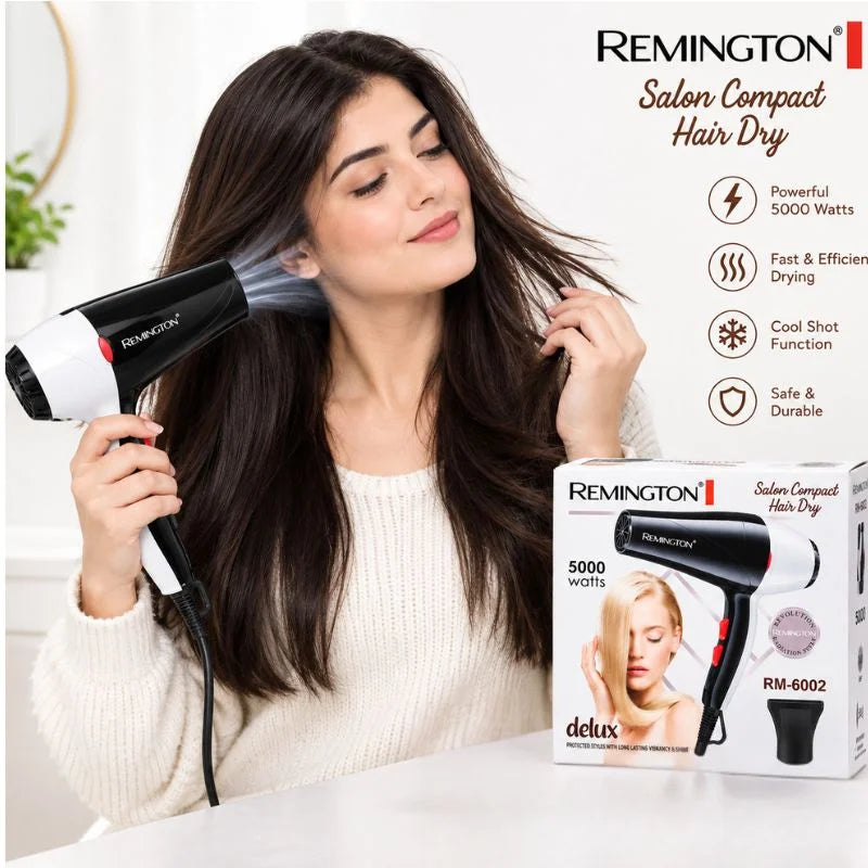 ریمٹن ہیئر ڈرائر RM-6002 | 5000 واٹ طاقتور ہیئر ڈرائر، گرم اور ٹھنڈی ہوا کے ساتھ | 2 اسپیڈ سیٹنگز | کمپیکٹ سیلون ہیئر اسٹائلنگ ڈرائر