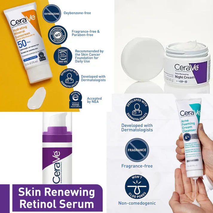 CeraVe 4-in-1 سکن کیئر کٹ | کلینزر، سیرم، سن بلاک اور نائٹ کریم | ماہر امراض جلد سے منظور شدہ روٹین
