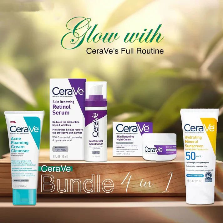 CeraVe 4-in-1 سکن کیئر کٹ | کلینزر، سیرم، سن بلاک اور نائٹ کریم | ماہر امراض جلد سے منظور شدہ روٹین