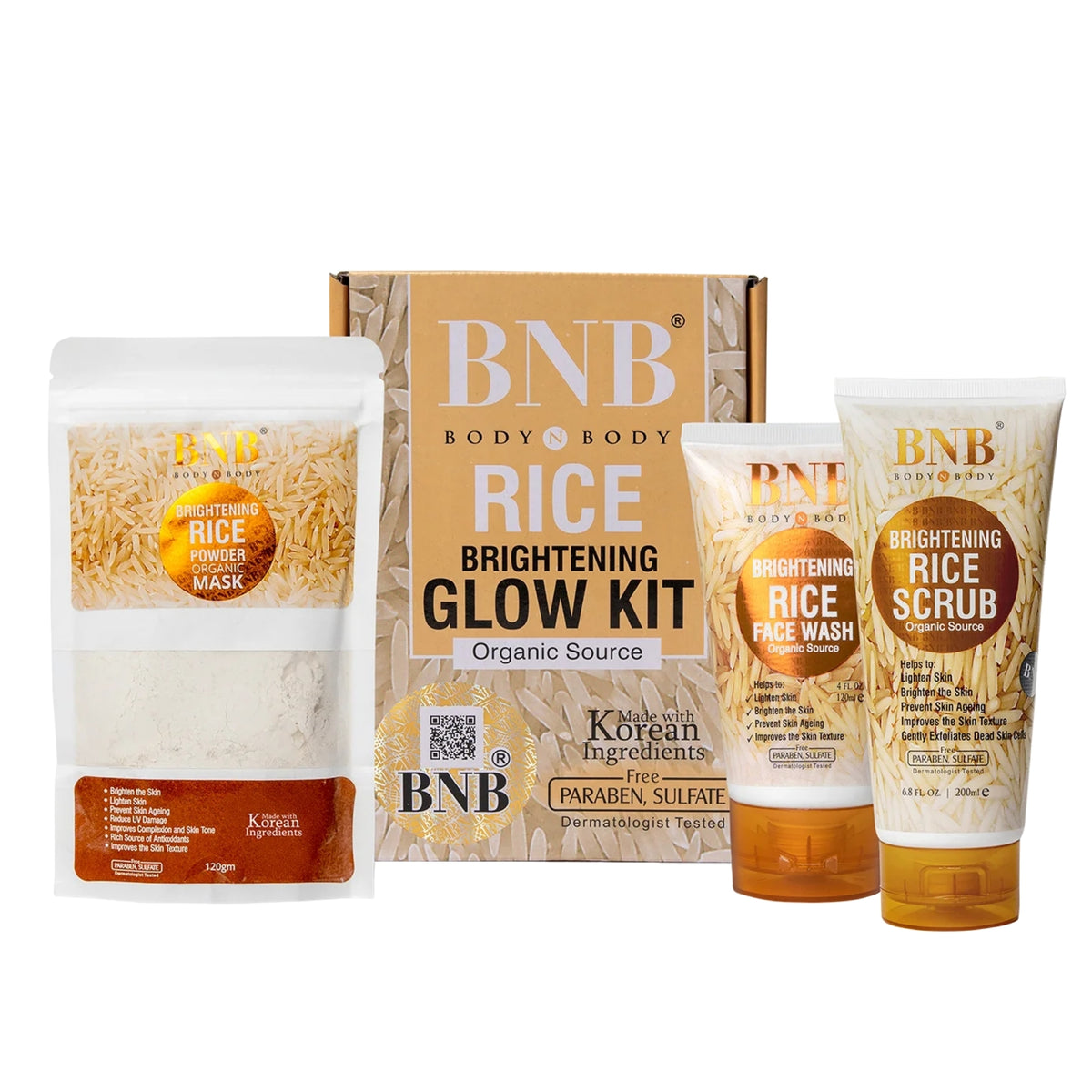 بی این بی رائس ایکسٹریکٹ برائٹ اینڈ گلو فیشل کٹ | 3-ان-1 وائٹننگ، برائٹننگ اینڈ ہائیڈریٹنگ سکن کیئر