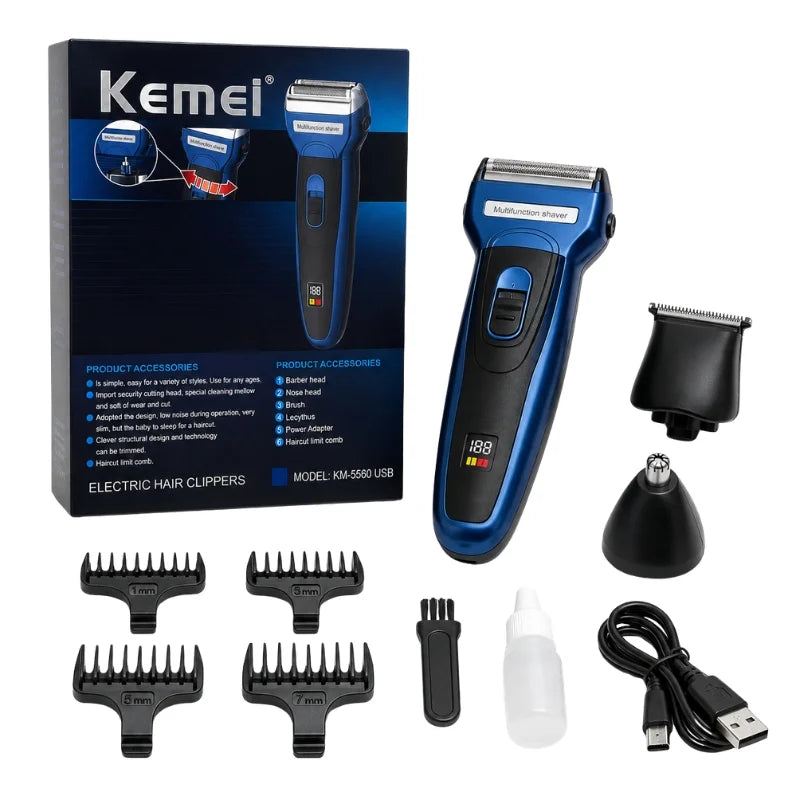 Kemei USB الیکٹرک ہیئر کلپر | ماڈل KM-5560 | ریچارج ایبل ہیئر ٹرمر مع نوز ٹرمر اٹیچمنٹ | پروفیشنل گرومنگ کٹ